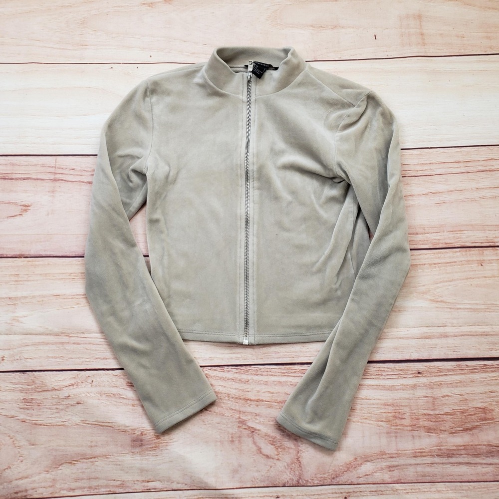 Forever 21 Jacket Womens Small Beige Velour Zip Up Long Sleeve Cropped Top